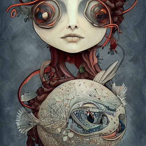 Image similar to a blowfish girl named god king 3 7, an ultrafine detailed painting by james jean, behance contest winner, vanitas, angular, altermodern