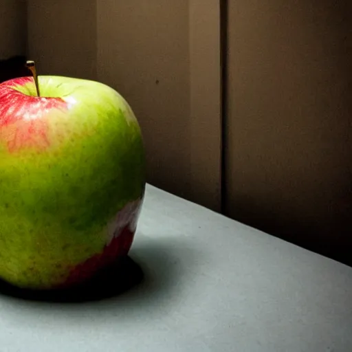 Prompt: a giant rancid apple over a bed in an abandoned room