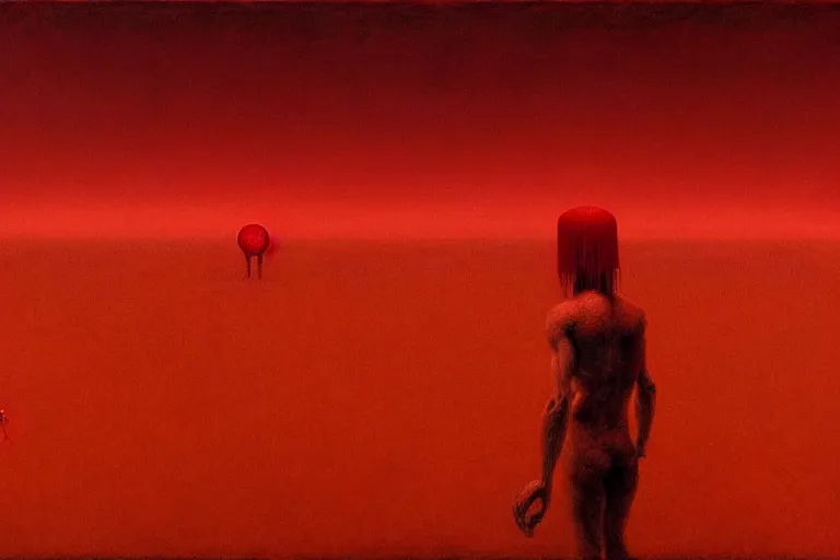 Image similar to only with red, red god of death eat apple, a futuristic city on mars in the background, red worms on the floor, in the style of beksinski, part by hopper, part by rodcenko, part by hofbauer, intricate composition, red by caravaggio, insanely quality, highly detailed, masterpiece, red light, artstation, 8 k