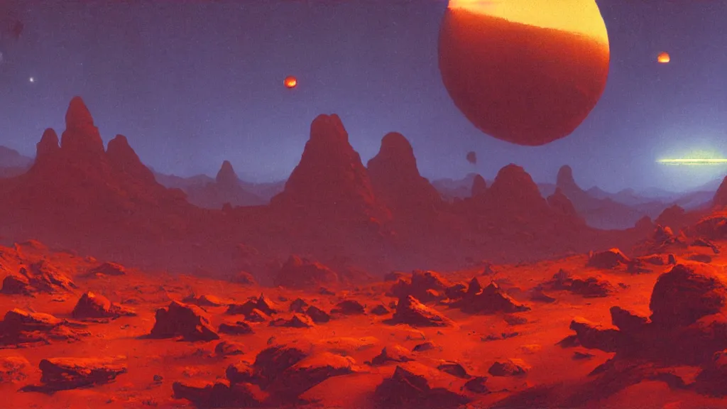 Prompt: mars empire of the mountains by paul lehr and john schoenherr, cinematic matte painting