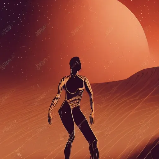 Image similar to smooth detailed vector cutout of retrofuture tattooed stoic heroic emotionless dirty butch blonde woman engineer with very short messy dirty hair, martian dust storm, walking with tall bronze - skinned black - haired hyper - muscular warrior woman, on mars, in dust storm, rough paper, sci fi, behance hd