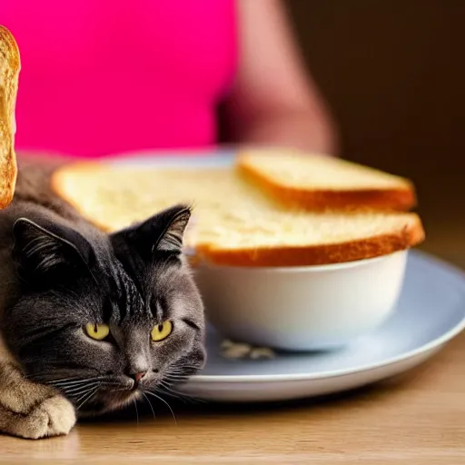 Image similar to obese cat sitting next to a slice of toast with indomie mi goreng noodles on top