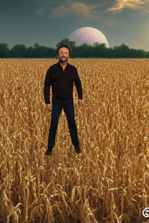 Image similar to Giorgio A. Tsoukalos abducted by aliens in a corn field,photo realistic,sci-fi,mistery,8k,unreal engine,octane render