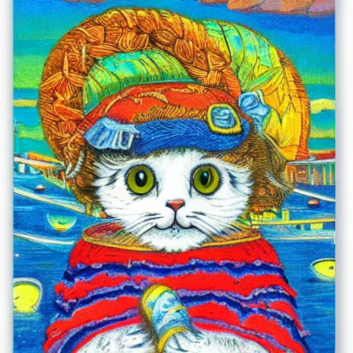 Image similar to a small sad white kitten at fisherman's wharf in San Francisco, fantasy illustration, Louis William Wain