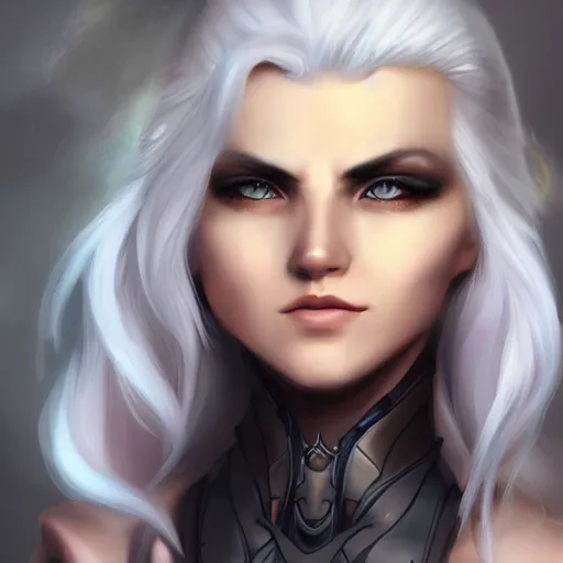 Image similar to fantasy portrait of a female human adventurer with white skin, white hair, white eyes without pupils, slightly - pointed ears, short wavy hair, eyebrow scar, trending on artstation, gentle smile, friendly, glowing, 4 5 angle, warm and welcoming