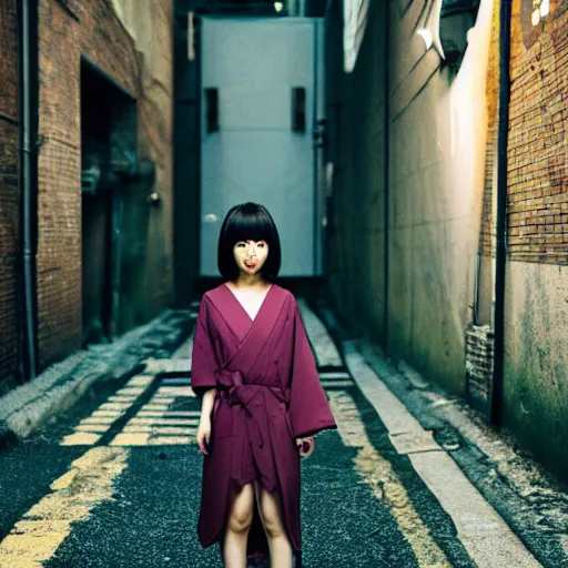 Image similar to a perfect 8K HD professional photo of japanese girl posing, wearing dress in sci-fi dystopian alleyway, at instagram, Adobe Lightroom, taken with kodak portra