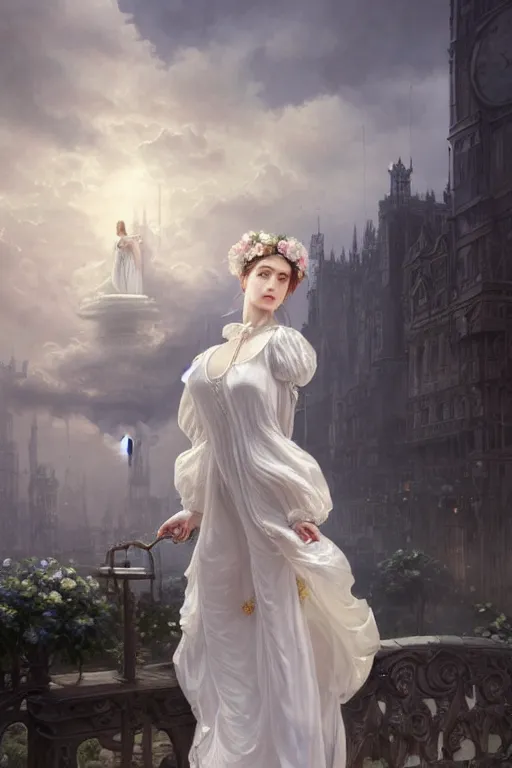 Prompt: woman dressed in a vaporous wrapped large victorian white roses semi transparent silk rose dress fashion, renaissance panorama behind her,D&D, fantasy, intricate, elegant, highly detailed, digital painting, artstation, concept art, matte, sharp focus, illustration, art by Artgerm and Greg Rutkowski and Alphonse Mucha