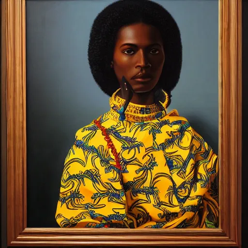 Prompt: A portrait of a slender stylish and attractive non-binary person, dark skin tone, Indian, oil painting by Kehinde Wiley, majestic, detailed, high resolution