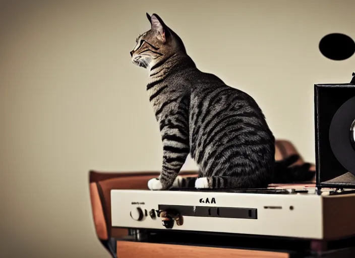 Image similar to photography of a Cat sitting on a record player. in a room full of posters, photorealistic, raining award winning photo, 100mm, sharp, high res