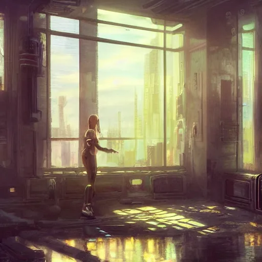 Image similar to cyberpunk living room interior, windows, light rays, buildings, dystoptian, gorgeous view, depth, painted by Seb McKinnon, clouds, tending on artstation