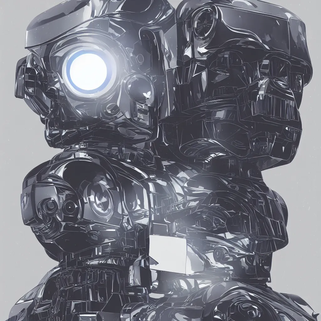 Prompt: a centered symmetrical portrait of a robot, mech, cyberpunk darth vader style, high detail, by Makoto Shinkai and Raphael Lacoste, trending on artstation