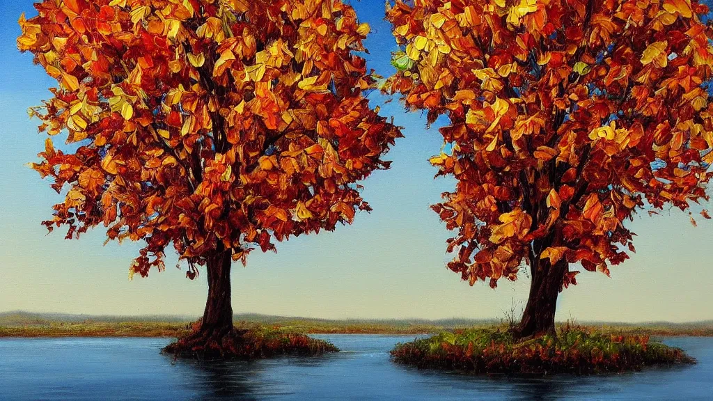 Prompt: A beautiful oil painting of a single tree, the tree is in the rule of thirds, a family is under the tree having a picnic, the kids are playing in the river and the dog is running through the river splashing the water, the fall has arrived and the leafs started to become golden and red, the river is flowing its way, the river has lots of dark grey rocks, oil painting by Greg Rutkowski