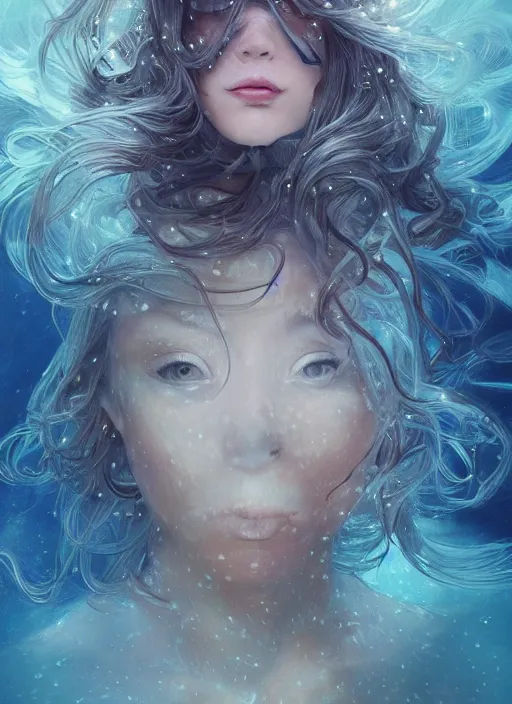 Image similar to an underwater photographic portrait of a woman created out of starlight and smoke, cinematic, volumetric lighting, beautiful fantasy, intricate, elegant, highly detailed, digital painting, artstation, concept art, smooth, sharp focus, illustration, art by ayami kojima, artgerm and h r giger and alphonse mucha