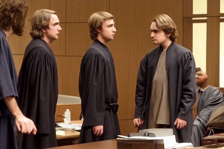 Image similar to anakin skywalker talking to saul goodman in court, us court, 1 0 8 0 p, court session images, realistic faces, better call saul