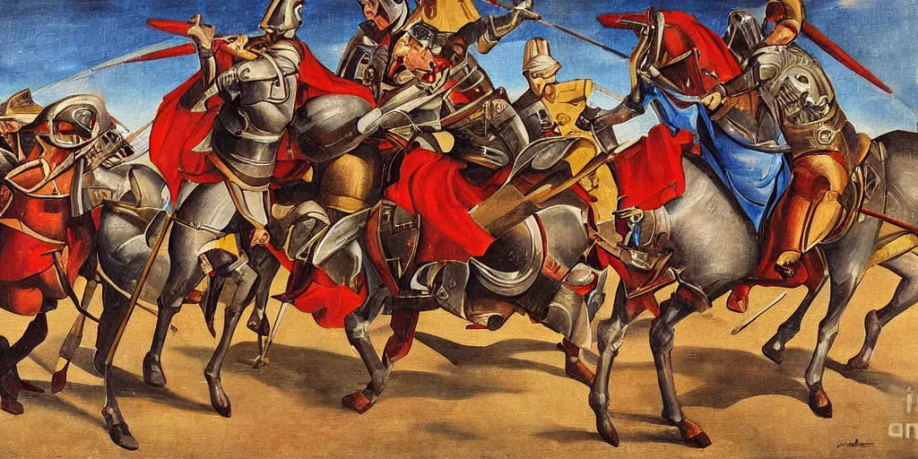 Image similar to italian futurism style painting of medieval knights jousting