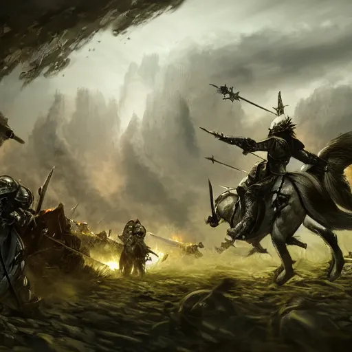 Prompt: war torn medieval battlefield, figures fighting in the distance, resplendent knights fighting a giant beast, dnd, fantasy, high quality, high definition, concept art, smooth, digital art, trending on art station