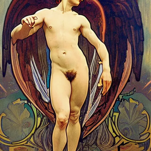 Prompt: ultra realistic illustration of young male angel with wings and apollo, embrace, full body, male body, elegant study, poster art alphonse mucha