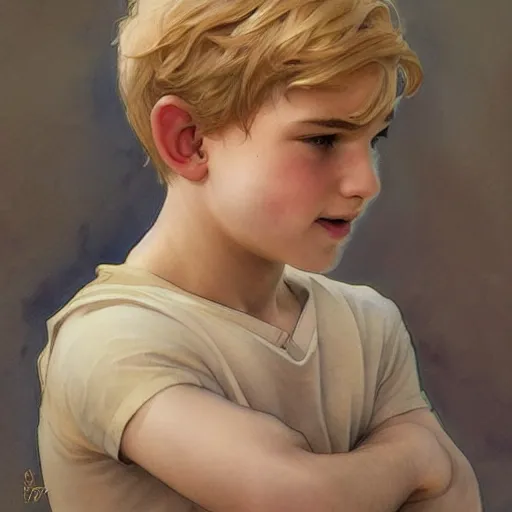 Image similar to young boy, blonde hair, happy eyes, smile, gorgeous, amazing, delicate, elegant, intricate, highly detailed, watercolor, portrait, artstation, concept art, sharp focus, illustration, art by artgerm and greg rutkowski and alphonse mucha