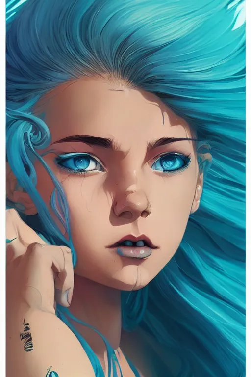 Image similar to portrait painting of a teenage girl with swept back wild blue hair, smirking, fashionable, windy, sharp focus, award - winning, cinematic pose, cinematic lighting, trending on artstation, masterpiece, highly detailed, intricate. art by josan gonzales and moebius and deathburger