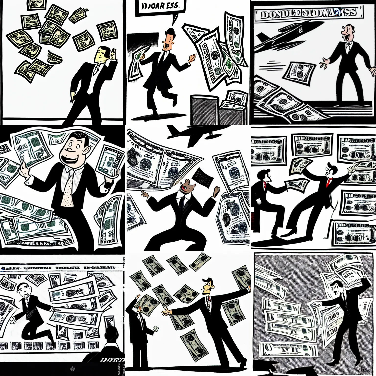 Prompt: well dressed man throwing dollar bills at a jet fighter, b&w, cartoon,newspaper illustration