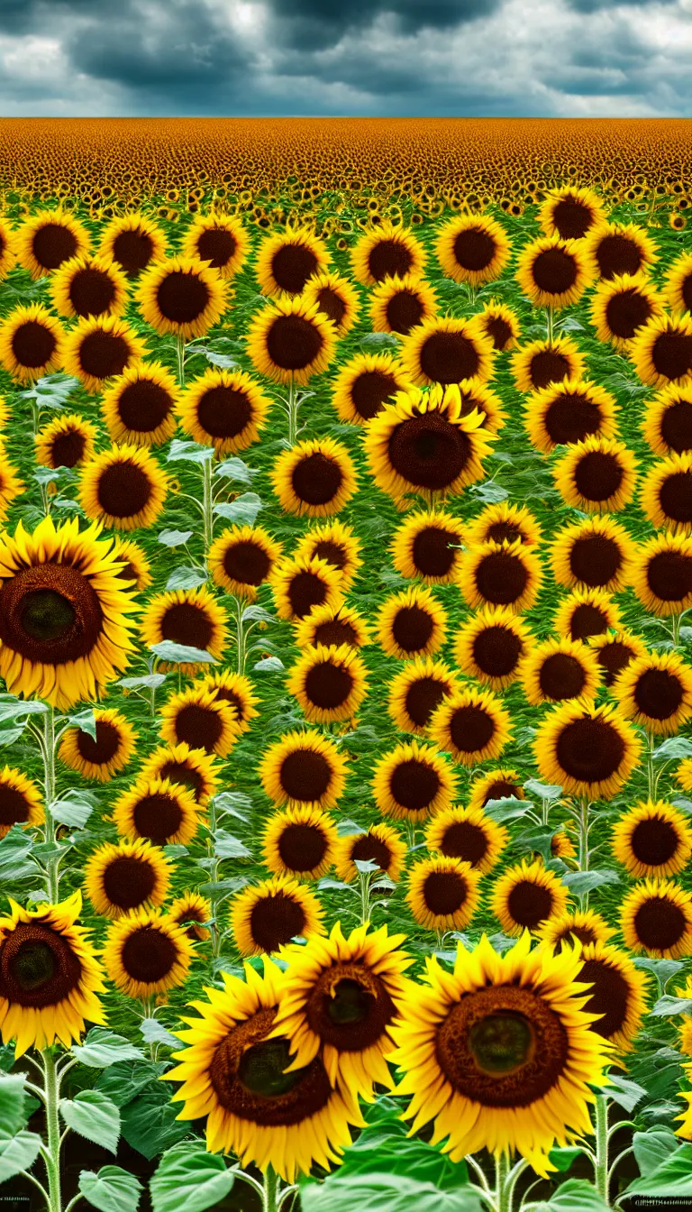 Image similar to highly detailed photo of sunflower field on cloudy day, hyper realistic, concept art, 8 k detail post - processing