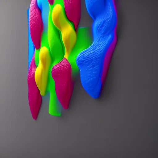 Prompt: : colorful abstract melty sculpture on the wall in modern architecture, cinematic lighting, hyper - realistic, detailed, render by c 4 d octane, unreal engine, 8 k 3 d render