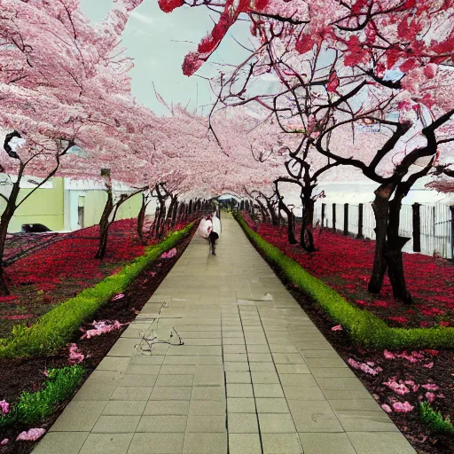 Image similar to hellish succubus walks under sakura trees