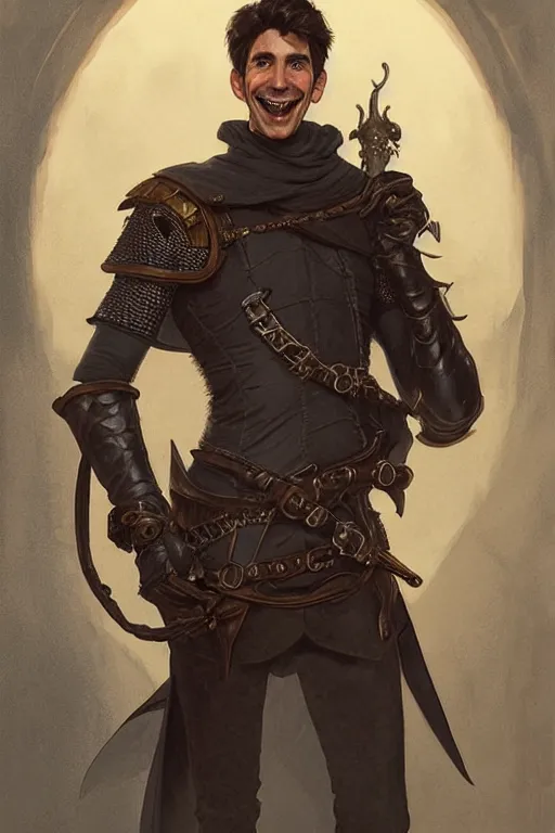 Image similar to portrait of a grinning male thief, looking at camera, D&D, leather armor, very short dark hair, intricate, elegant, stylish, cute smile, fantasy, extremely detailed, digital painting, artstation, concept art, smooth, sharp focus, illustration, ambient lighting, art by artgerm and greg rutkowski and alphonse mucha and simon stalenhag