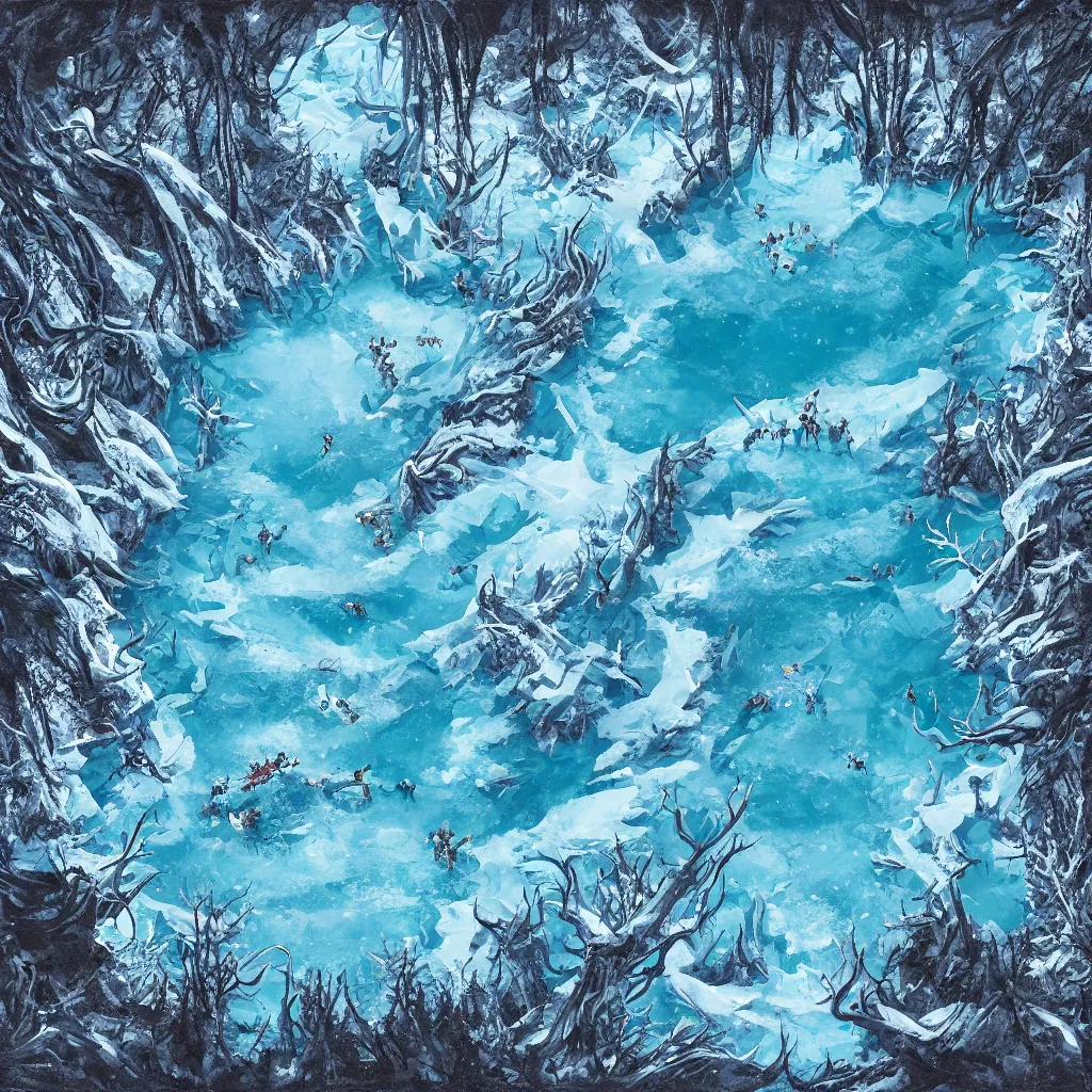 Image similar to a d & d background of a frozen lake with monsters beneath the ice, viewed from above, high quality digital art, illustration, gridless, vivid, blue tones, oil painting, trending on arstation, oil painting