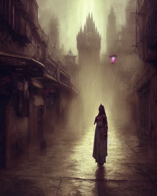 Image similar to mage, woman, portrait, dirty alley, a beautiful fantasy city, made from white stone and bright gold, built on the side of a volcano, gondor, misty, red sky, medieval city, metropolis, gorgeous clouds, god rays, fantasy art, octane render, ureal engine, high detail, alphonse mucha, greg rutkowski, james gurney, johannes voss