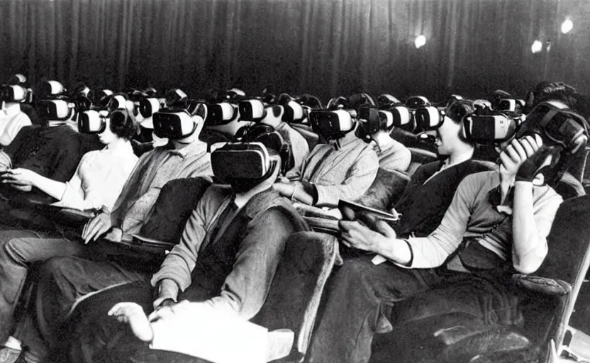 Image similar to 1 9 0 0 s photo of people using iphones ipods virtual reality headsets vr in a movie theater masterpiece