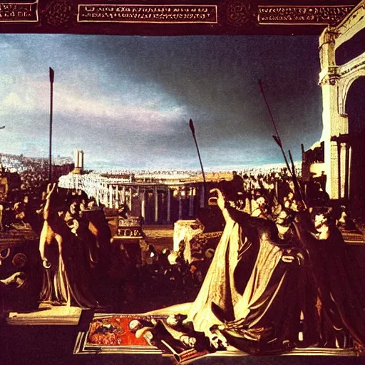 Image similar to The fall of Rome from the Emperor\'s perspective, high atop the throne.