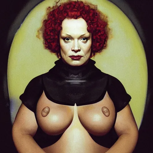 Image similar to upper body portrait of christina hendricks as baron harkonnen, by norman rockwell and boris vallejo, artstation, concept creature character art