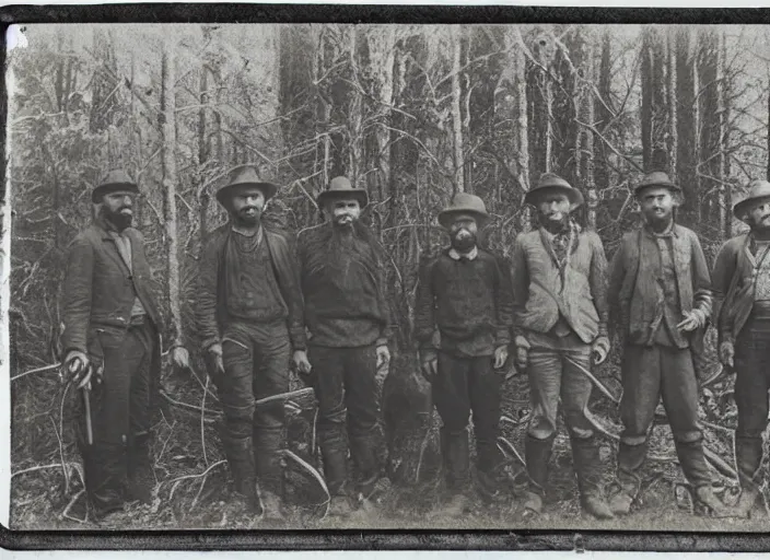 Image similar to tintype photo of a group of men after a successful hunt in the forest, standing over a deceased sasquatch