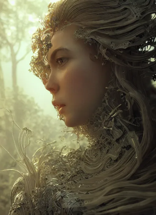 Image similar to sumptuous biomechanical masterpiece incredible hair, crystalline incrustations, hyperdetailed face, elegant pose, movie still, intricate, octane render, cinematic forest lighting, cgsociety, unreal engine, crepuscular rays, god rays