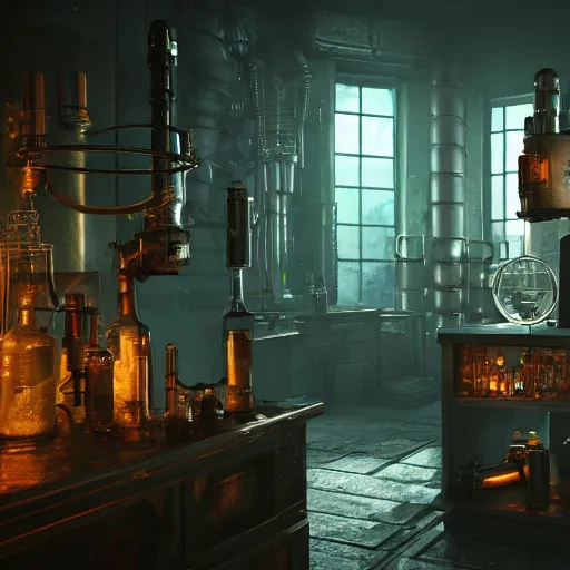 Prompt: cyberpunk alchemy laboratory full of potions, ciri from the witcher. stunning 3 d render, flesh texture, realistic, highly detailed attributes and atmosphere, dim volumetric cinematic lighting, 8 k octane detailed render, post - processing, masterpiece, rtx on, rendering on unreal engine