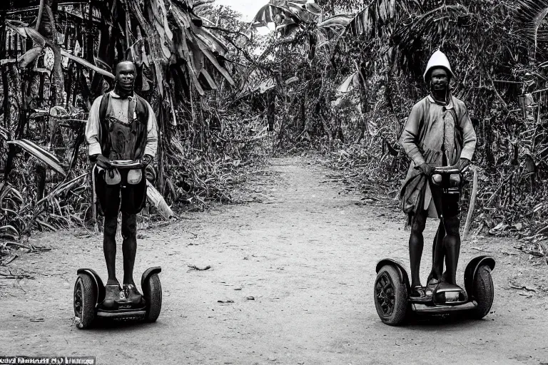 Image similar to a colonial closeup photograph of a Segway in a village at the river bank of Congo , Thick jungle, scary, evil looking, wide angle shot