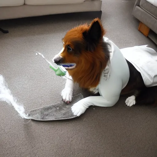 Prompt: anthropomorphic dog cleaning,