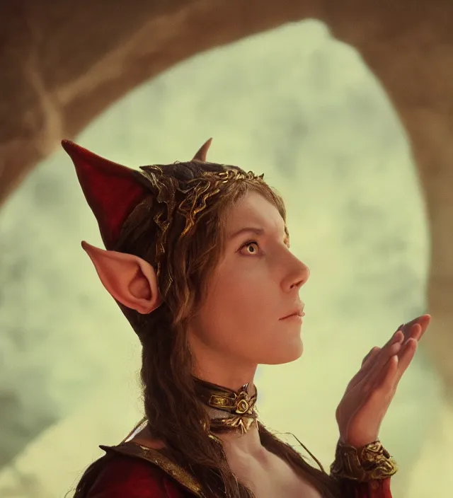 Prompt: portrait of a female magic elf on her knees, looking up, praying for her life, d & d, movie still frame, hd, remastered, film grain, cinematic lighting