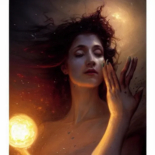 Image similar to A woman holding!!!!! Earth in her palms, enchanting it with a spell, illustrated by Greg Rutkowski and Gaston Bussiere, vividly radiantly beautiful lighting, closeup!!!!!, portrait imagery!!!!!, dazzling dappled lighting, subsurface scattering, light refractions, trending on artstation, 4k, 8k!!!!!