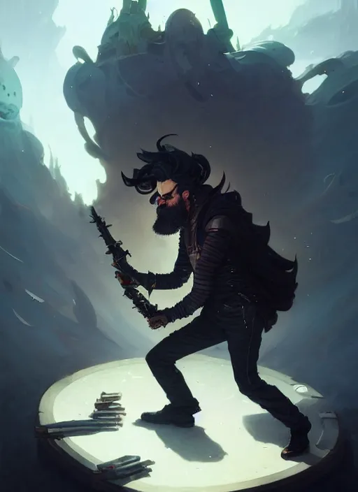 Prompt: low angle picture of a weapon master, holding a ego weapons to the camera, long black jacket, neat white beard and hair, bored, tired, smoking, ego weapons all over the place, squat down, intricate, masterpiece, epic fantasy illustrations by peter mohrbacher and anato finnstark and jeremy lipking