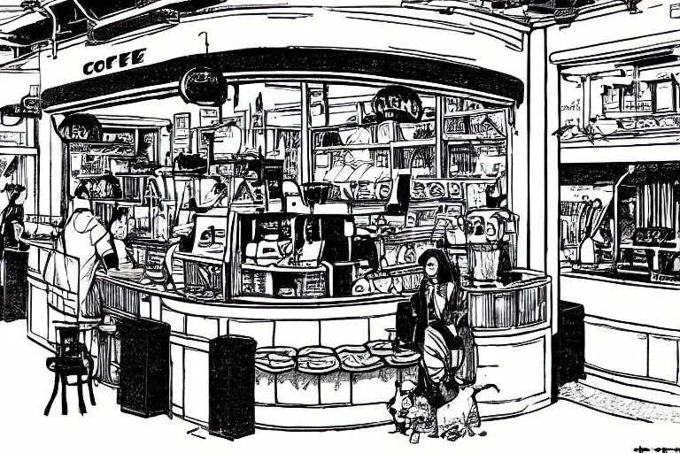 Image similar to coffee shop by moebius