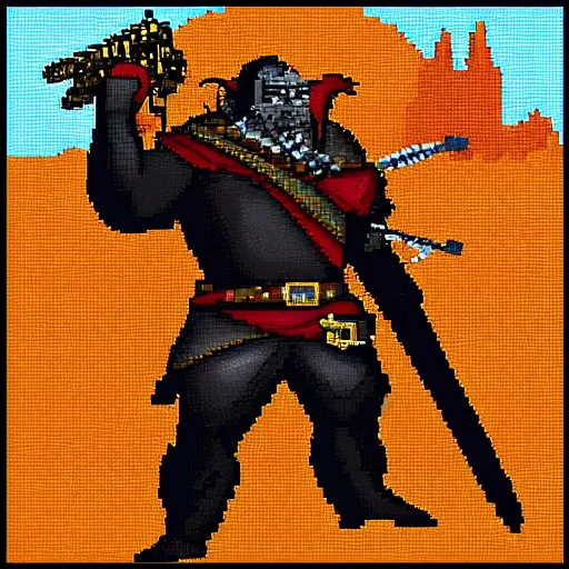 Image similar to Orc male readies his rifle, staring down the telescopic sights. His red and gold cape fluffers in the wind, and his renaissance era armor glistens in the sunshine, pixel art 128x128 MS-DOS Heroes of Might and Magic