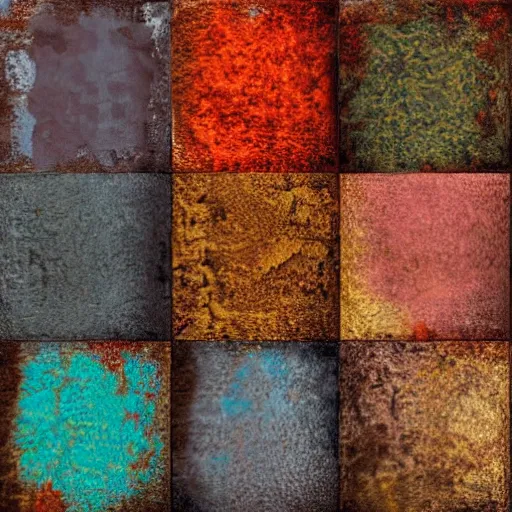 Prompt: large squares of different colors, rust texture, detailed, part of the photo is missing