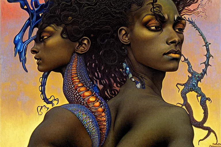 Image similar to realistic extremely detailed closeup portrait painting of a beautiful black woman, mutant dragon and a single old house on background by Jean Delville, Amano, Yves Tanguy, Alphonse Mucha, Ernst Haeckel, Edward Robert Hughes, Roger Dean, rich moody colours