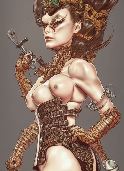 Image similar to Portrait of Koopa-hime in corset,big hornes and turtle tail, intricate body, whole body highly detailed, digital painting, artstation, concept art, smooth, sharp focus, illustration, art by Hajime Sorayama