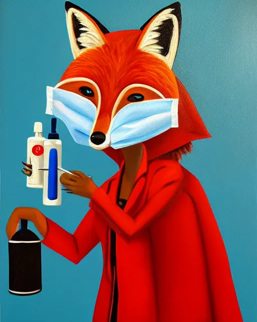 Prompt: oil painting portrait of anthropomorphic female fox animal dressed in doctor's coat, surgical mask covering mouth, red eyes, holding syringe, fox animal, hospital in background, oil painting,