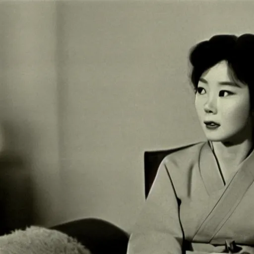 Prompt: The 1960s actress Choi Eun-Hee in a hanbok sitting on a couch, the room is dimly-lit and a starfish\'s arm reaches through the window, minimal cinematography by Akira Kurosawa, movie filmstill, 1950s film noir, thriller by Kim Jong-il and Shin Sang-ok, abstract occult epic composition