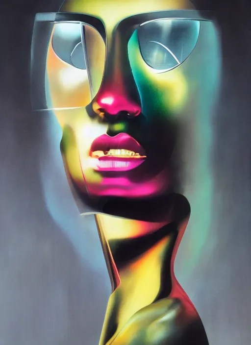 Image similar to futuristic lasers tracing, colorsmoke, leather fullbodysuit, pyramid hoodvisor, raindrops, wet, oiled, beautiful cyborg girl, by steven meisel, kaws, rolf armstrong, mondrian, kandinsky, perfect geometry abstract acrylic, octane hyperrealism photorealistic airbrush collage painting, dark monochrome, fluorescent colors, minimalist rule of thirds, eighties eros