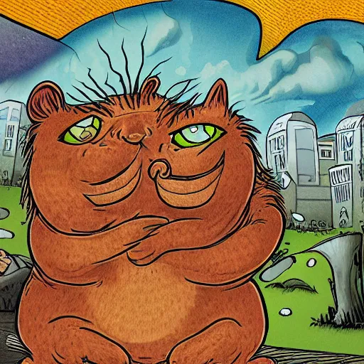 Image similar to surreal book illustration of Garfield the cat as monster, highly detailed